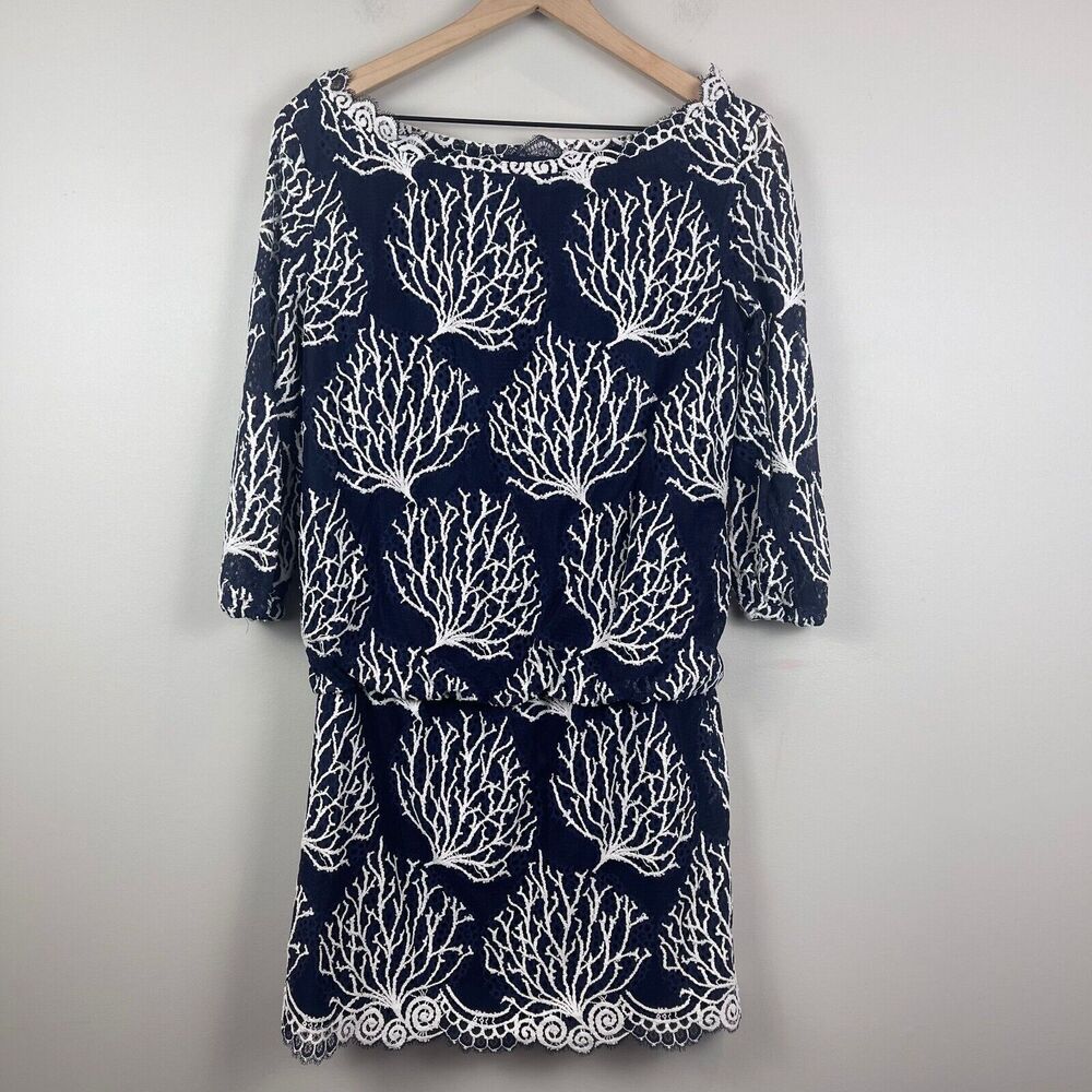 Lilly Pulitzer Dress Women 4 Navy Blue Seaside Coral Print Boat Neck Mesh Preppy